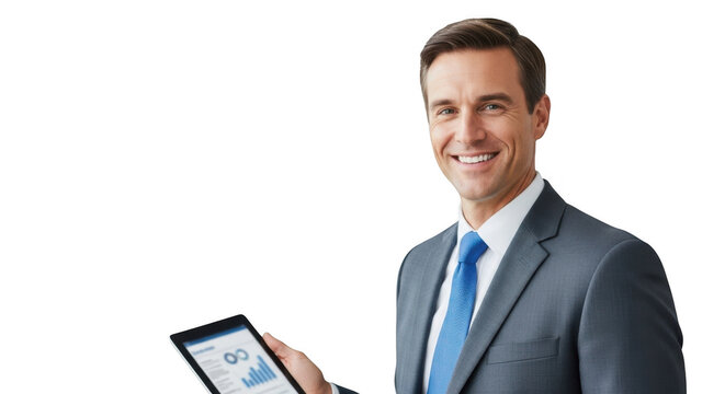 Smiling businessman holding tablet with charts and graphs isolated on transparent background