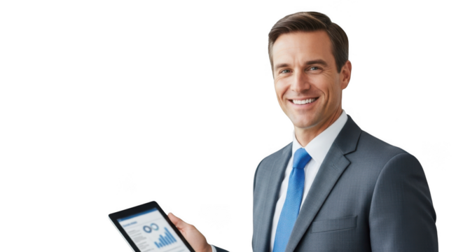 Smiling businessman holding tablet with charts and graphs isolated on transparent background