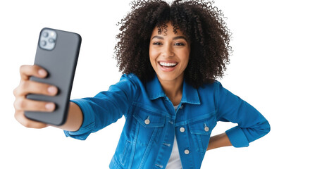 Smiling woman with curly hair taking selfie with her smartphone isolated on transparent background