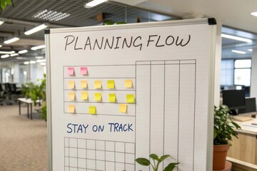 A whiteboard displays "Planning Flow" and "Stay On Track," with colorful sticky notes
