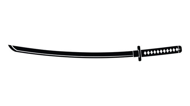 Black silhouette of a traditional japanese katana sword on a white background