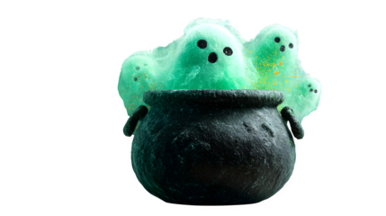 Ghost popping out of a cauldron with bubbling green potion, isolated on white