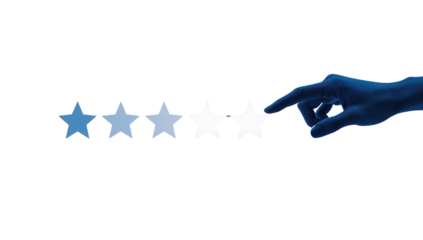 Digital hand interacts with five star rating system on a transparent backdrop