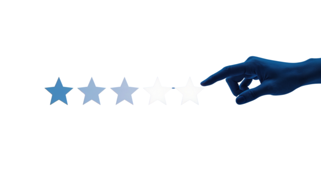 Digital hand interacts with five star rating system on a transparent backdrop