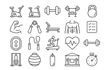 Outline vector icons of gym equipment: weights, treadmill, heart rate — set of modern line style icons, transparent background.