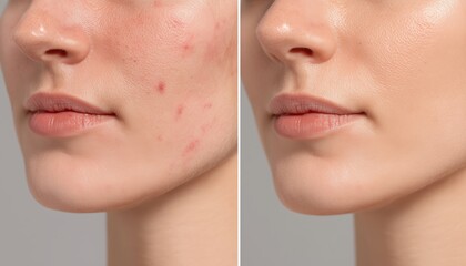 Before And After Comparison Of Female Cheek Skin Care: Reduction Of Acne, Redness, And Blemishes For Clear And Smooth Results. Focus On Dermatology, Skincare, Beauty Treatment.