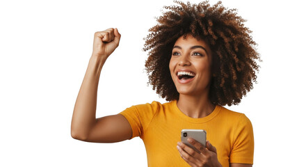 Excited woman holding a phone with arm raised in celebration isolated on transparent background