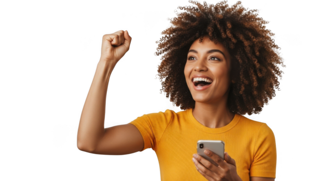 Excited woman holding a phone with arm raised in celebration isolated on transparent background