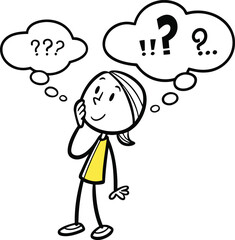 Hand-Drawn Stickman Thinking with Speech Bubbles – Doodle Character with Question and Exclamation Marks Vector Illustration