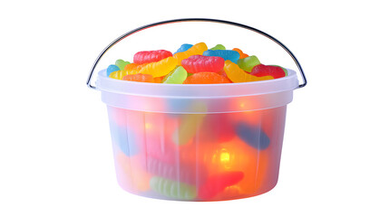 Glow-in-the-dark pumpkin candy bucket filled with rainbow gummy worms, isolated on white background