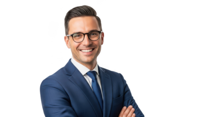Smiling businessman in suit with glasses portrait isolated on transparent background