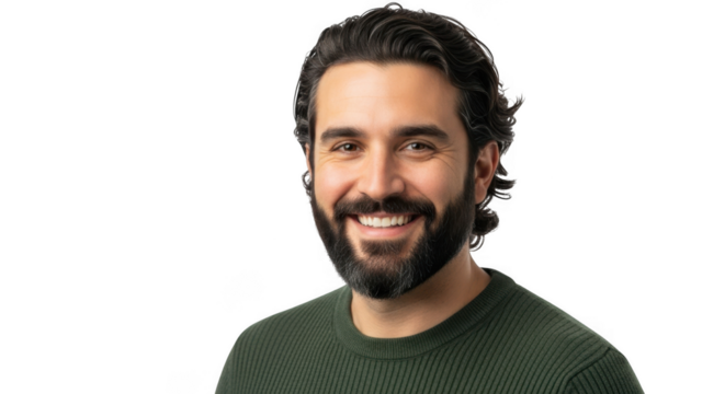 Smiling man with beard and green sweater portrait isolated on transparent background - Powered by Adobe
