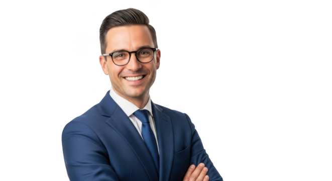 Smiling businessman in suit with glasses portrait isolated on transparent background - Powered by Adobe