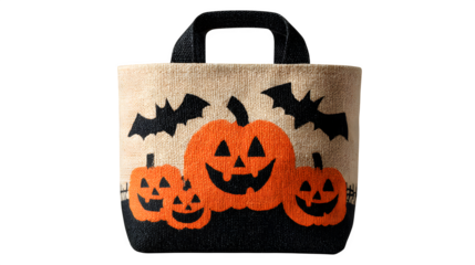Black Halloween tote bag gift with pumpkin and bat print, isolated on white background
