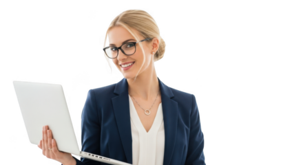 Smiling businesswoman in suit holding laptop isolated on transparent background
