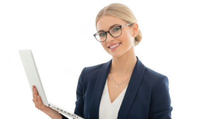 Smiling blonde woman in business attire holding a laptop isolated on transparent background