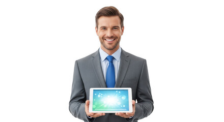 Smiling businessman in suit holding tablet with screen isolated on transparent background