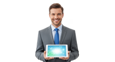 Smiling businessman in suit holding tablet with screen isolated on transparent background
