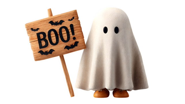 Friendly ghost holding wooden "BOO!" sign with bat silhouettes, isolated on white
