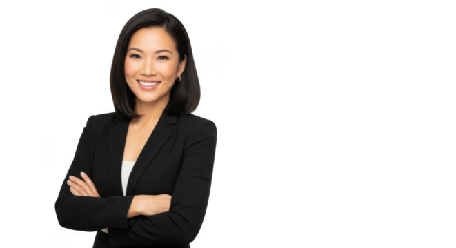 Smiling asian businesswoman in black suit with arms crossed isolated on transparent background