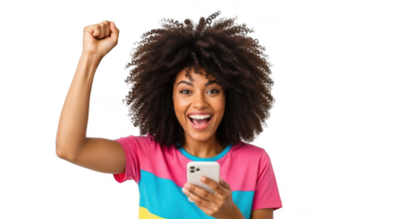 Excited woman holding smartphone with her fist raised in celebration isolated on transparent background