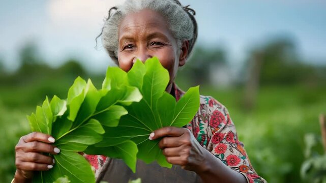 Senior African woman smiling while harvesting vegetables in a lush green garden. She wears a colorful patterned shirt and has gray hair.