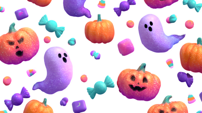 Cosmic Halloween wallpaper with floating pumpkins, candy asteroids, and neon ghost trails, isolated on white background - Powered by Adobe