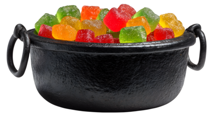 Black cauldron bucket with neon slime candies inside, isolated on white background