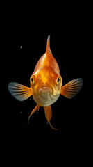 Golden Gaze: An elegant goldfish, captured in sharp focus against a stark black background, its scales gleaming with subtle light, conveying a sense of peaceful observation.