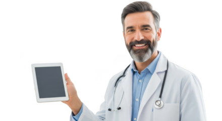 Smiling doctor holding a tablet in his hand with stethoscope isolated on transparent background