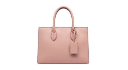 Elegant light pink leather handbag with handles and tag isolated on transparent background