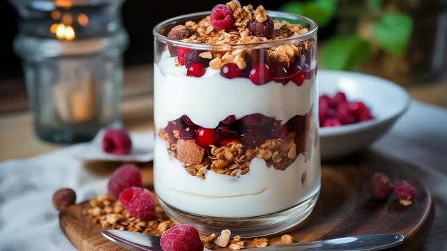 A delicious parfait made with layers of yogurt, granola, and fresh raspberries. The dessert is served in a clear glass with a rustic wooden plate.