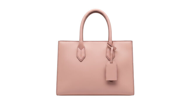 Elegant light pink leather handbag with handles and tag isolated on transparent background
