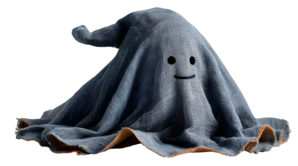 Ghost hiding inside witchs hat, peeking out with smile, isolated on white