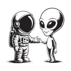 Cute astronaut handshake with alien cartoon vector icon illustration science tech