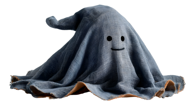Ghost hiding inside witchs hat, peeking out with smile, isolated on white