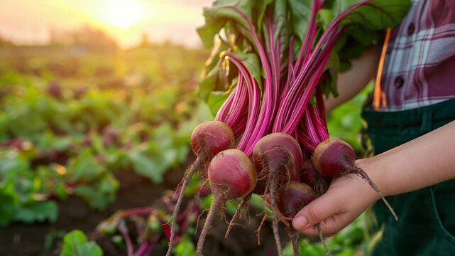 A child holds freshly harvested red radishes in a garden during sunset. The vibrant colors of the vegetables contrast with the green foliage.