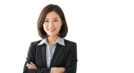 Smiling asian businesswoman in suit with arms crossed isolated on transparent background