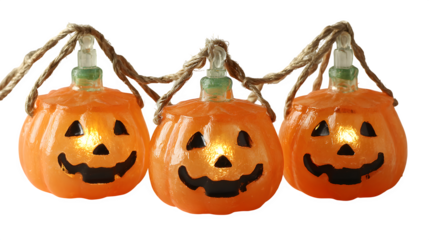 Decorative string lights shaped like glowing jack-o-lanterns, isolated on white background