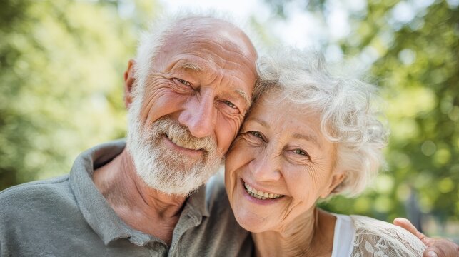 happy old couple smiling in a park on a sunny day no logos no brands ar 169