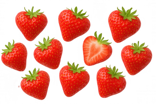 Fresh ripe strawberries shaped like hearts, including one cut in half, floating against a transparent background
