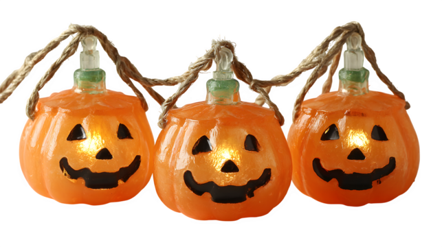 Decorative string lights shaped like glowing jack-o-lanterns, isolated on white background