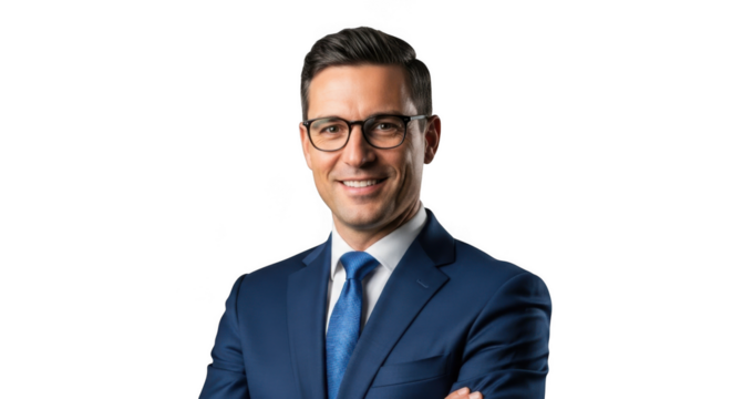 Smiling man in suit and glasses portrait isolated on transparent background