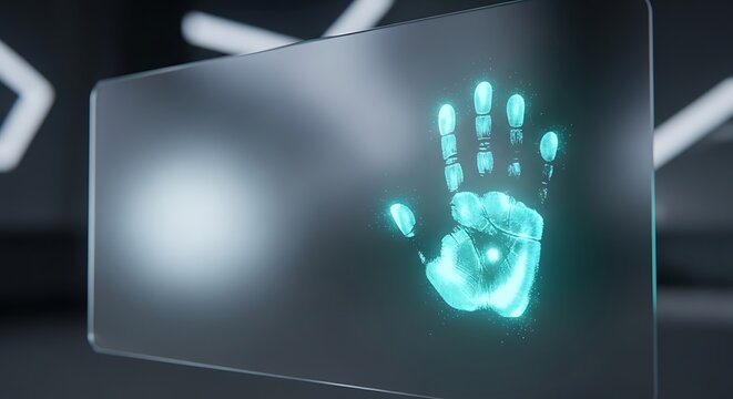 Cutting edge futuristic fingerprint scanning technology for secure biometric access control, modern digital security systems with advanced authentication, bright blue glow