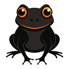 Cartoon black frog with orange eyes sitting down