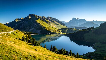 Scenic mountain lake landscape bathed in golden sunlight under a clear sky