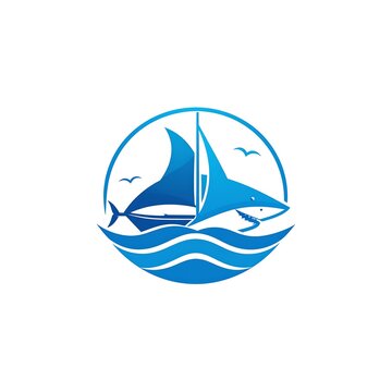 A stylized blue logo depicts a shark-boat sailing on waves inside a circular frame with seabirds