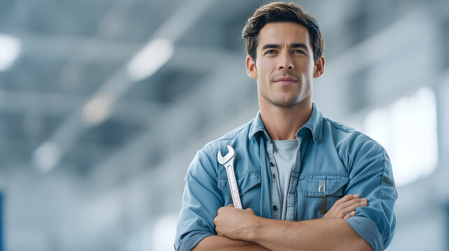 Confident Mechanic In Blue Work Shirt Holding Wrench In Workshop Environment Showing Professional Engineer Or Technician At Industrial Workplace - Powered by Adobe