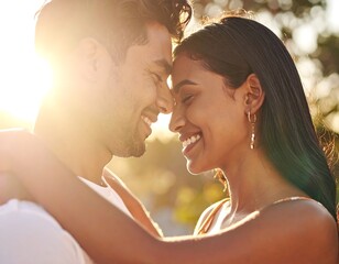 Couple's tender embrace in sunlight