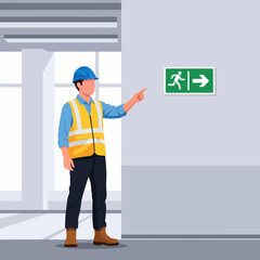 Construction worker pointing to an emergency exit sign in a building.